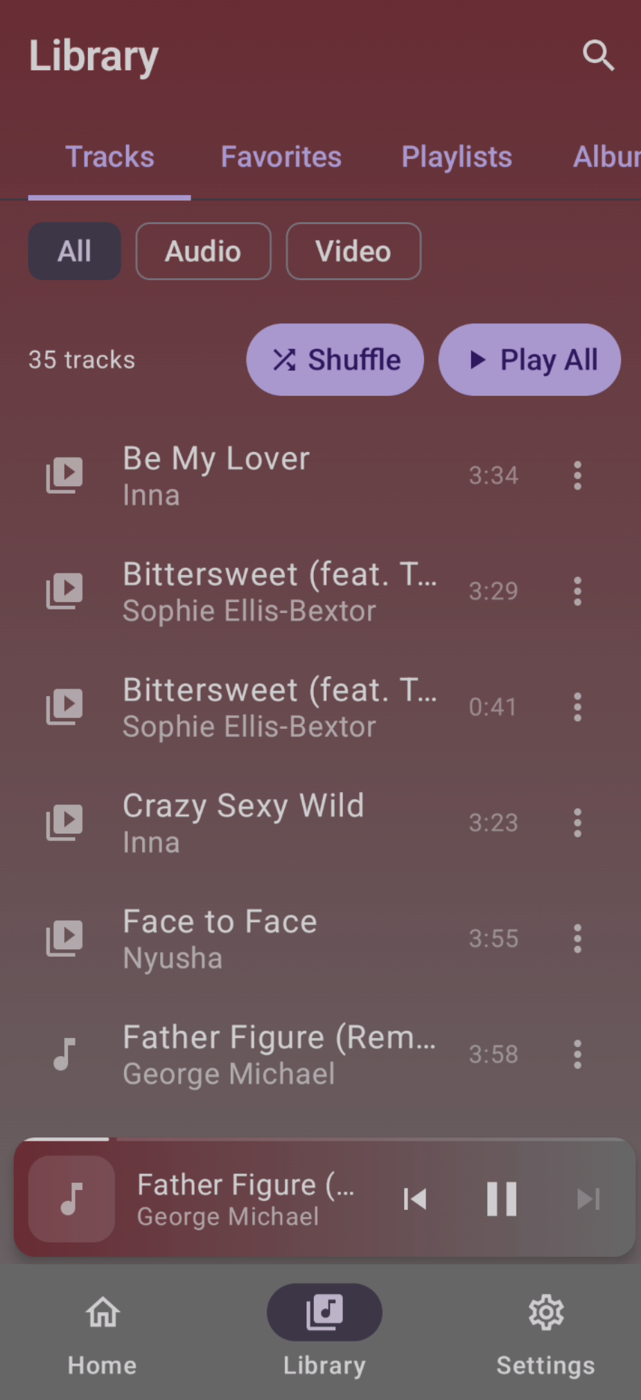 Library with track list, filters, and playback controls