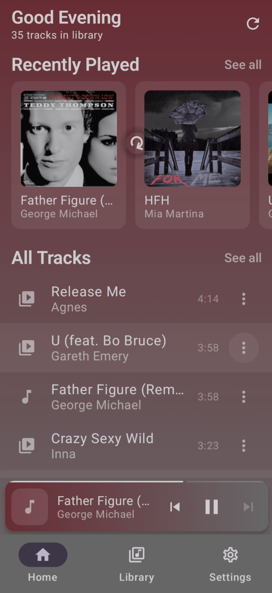 Home screen with recently played and all tracks