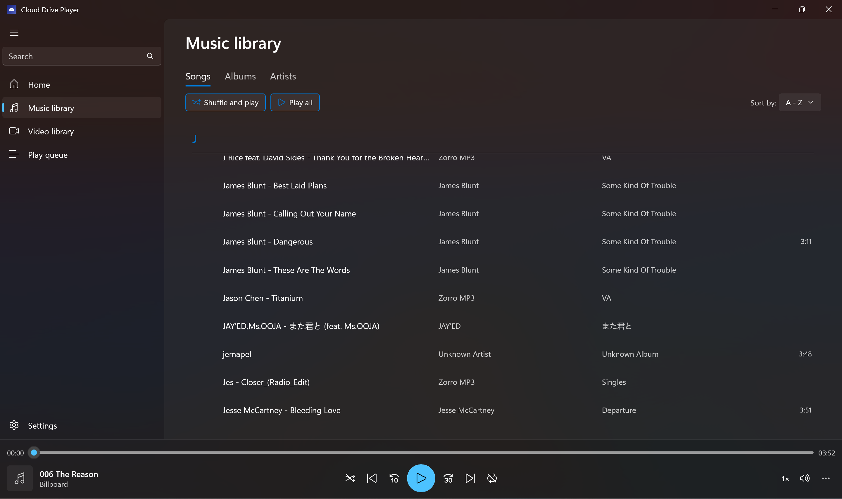Windows desktop music library view with songs, albums, artists tabs, and playback controls